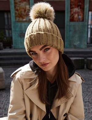 Beechfield® Pom Pom Chunky Beanie - Biscuit